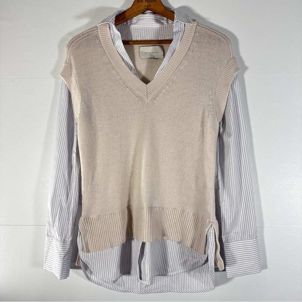 Brochu Walker “Layered Looker” Cream V-Neck Sweater Vest and Pinstripe Shirt